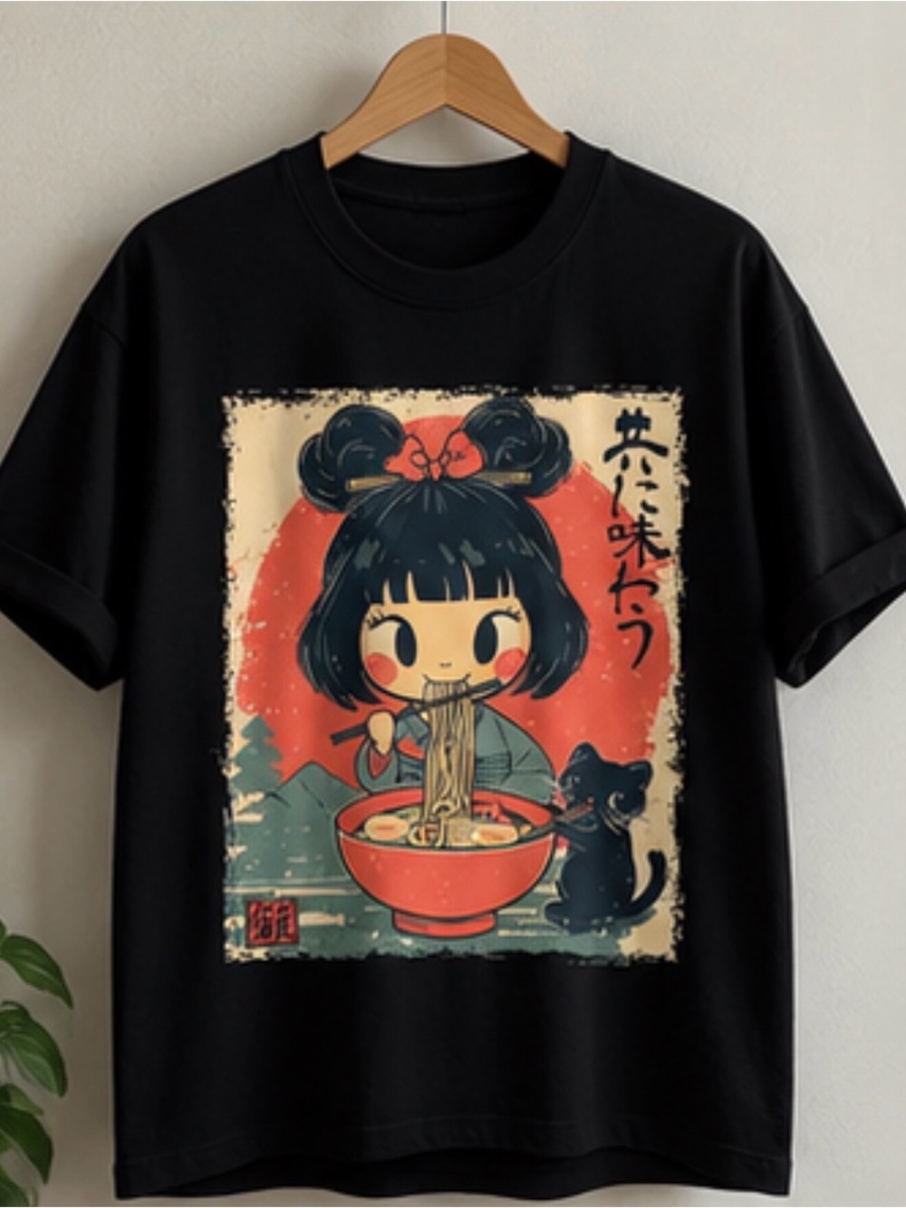 Black Graphic Tee with Red Ramen Girl Illustration